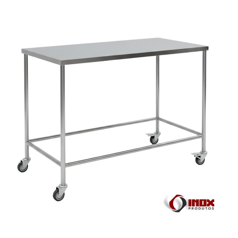 Mesa Industrial em Aço Inox Contaventada com Rodízios - Loja Inox