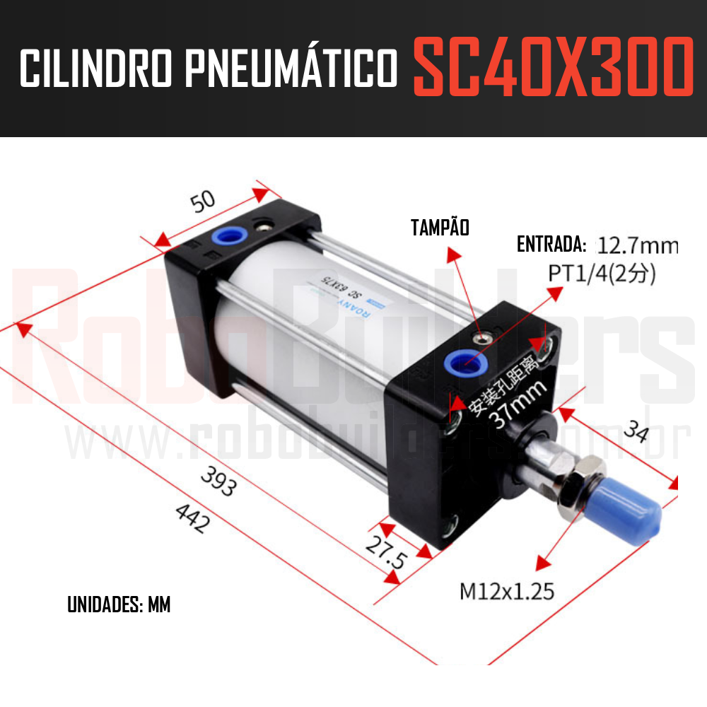 Cilindro Pneumático Industrial SC 40x300mm Duplo Curso NFe - Produtos Sistemas e