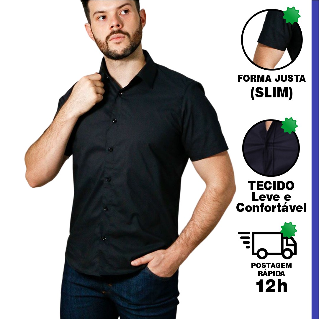 Camisa Social Slim Fit Manga Curta Moda Estilo - Preta - Rotazione
