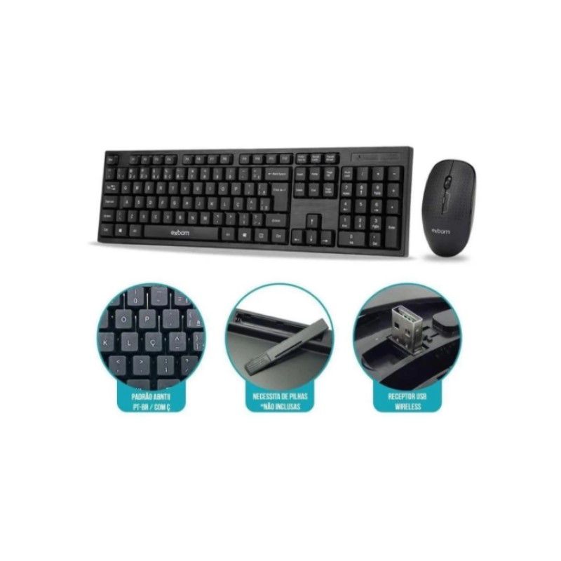 Kit Teclado E Mouse Sem Fio Bk S Preto Exbom Vcb Shop