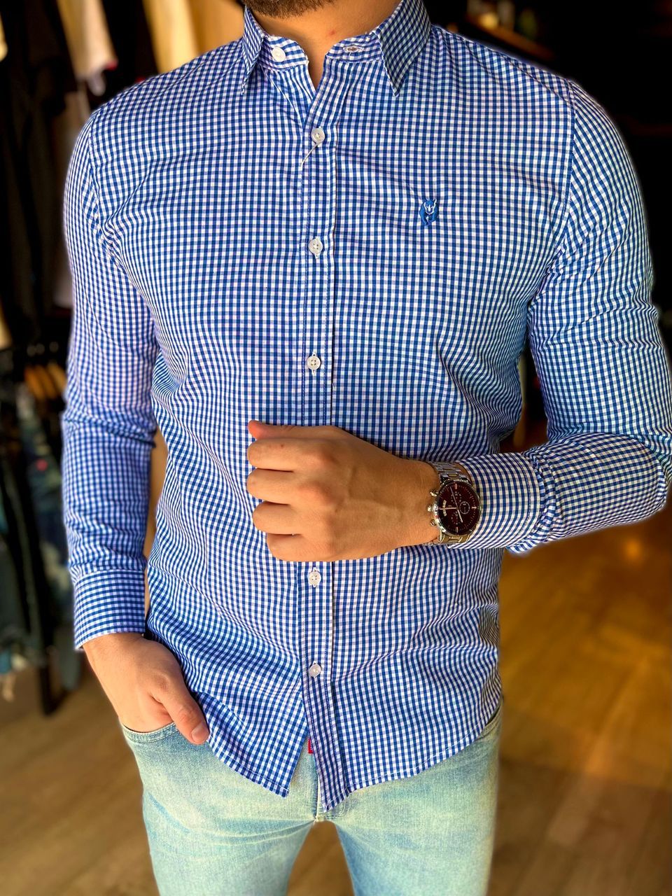 Camisa Slim Fit Xadrez Azul Petróleo