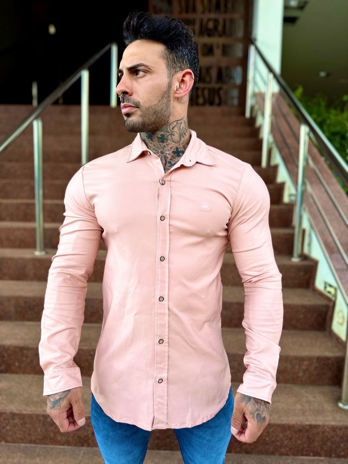 CAMISA RESINADA SLIM FIT ROSA Moda Masculina