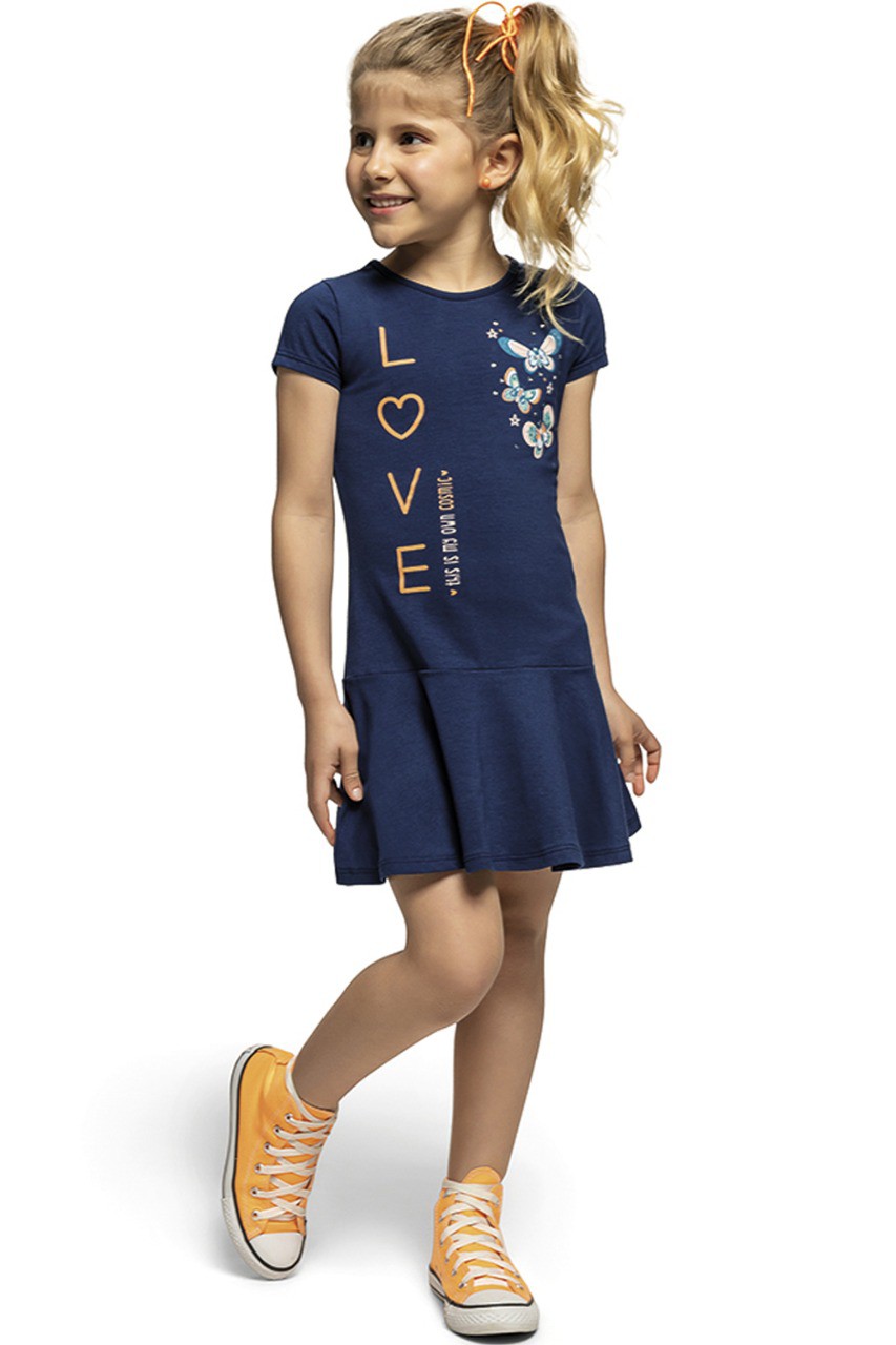 Vestido Cotton Infantil Menina Love Marinho Kamylus Marcela