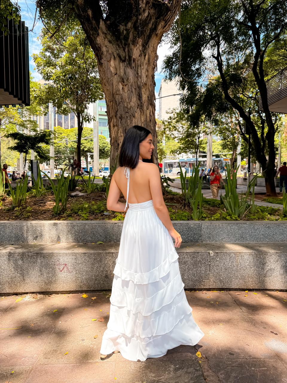 Vestido Longo Chiffon com Decote Branco