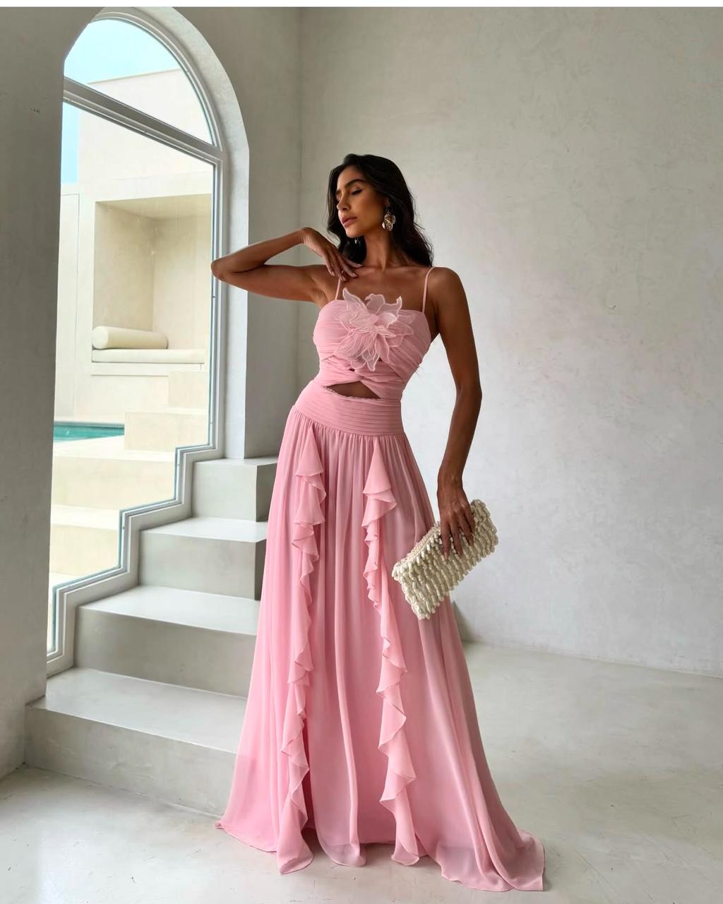 Vestidos de chiffon con escote alto ilusión y cintura cruzada Rosa Chicle Tallas Grandes main image 0