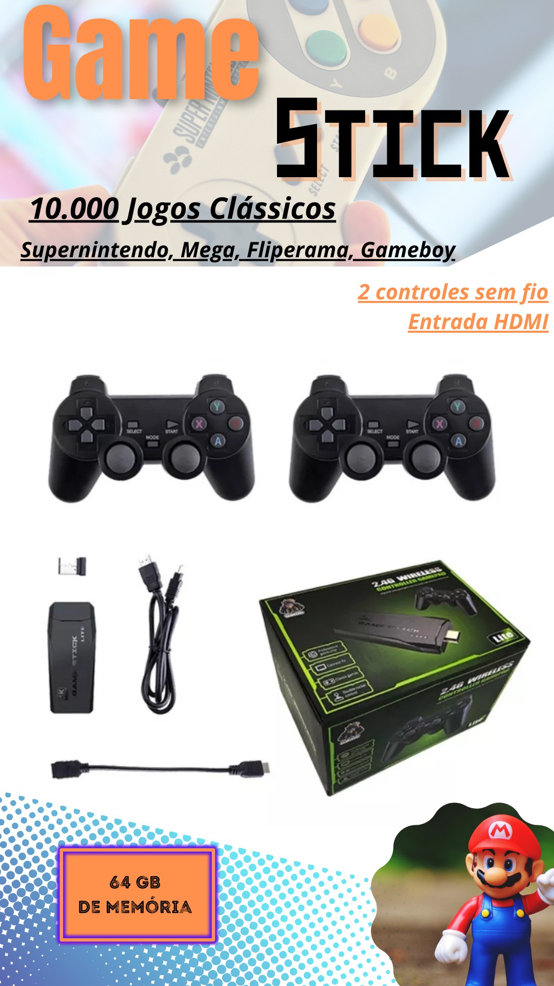 Super Game Stick Retrô Versão 2023 64 GB, com 10.000 jogos + 2 control