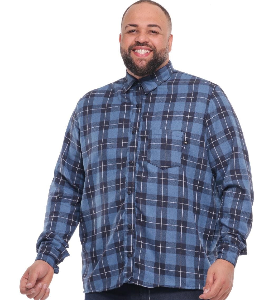 Camisa Xadrez Flanelada Manga Longa Masculina Revanche Castro Xadrez Azul