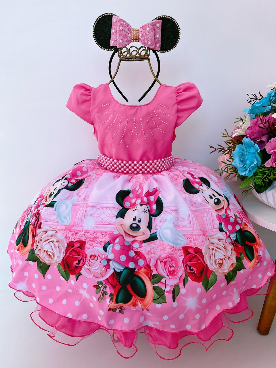 Vestido Infantil Rosa Minnie Florido 1 ao 16 Luxo - Petecolá kids