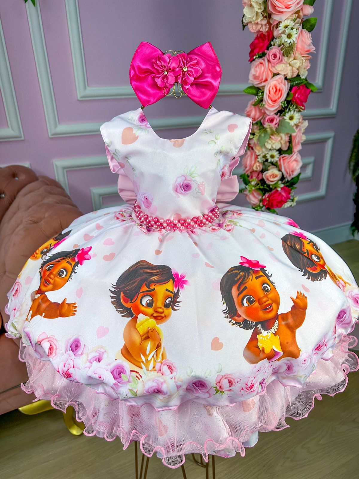 Vestido Infantil Menina Moana Adulta E Baby + Tiara em Promoção na