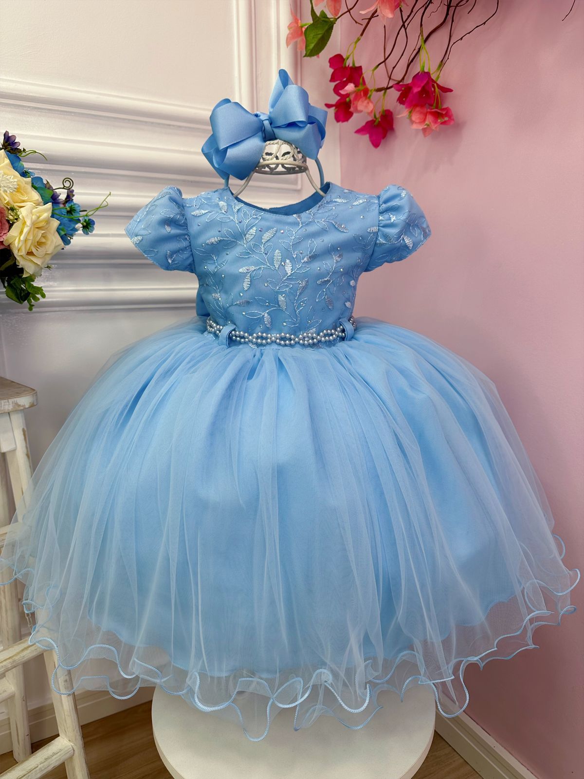 Vestido Infantil Princesa Cinderela Azul C/ Peito Strass