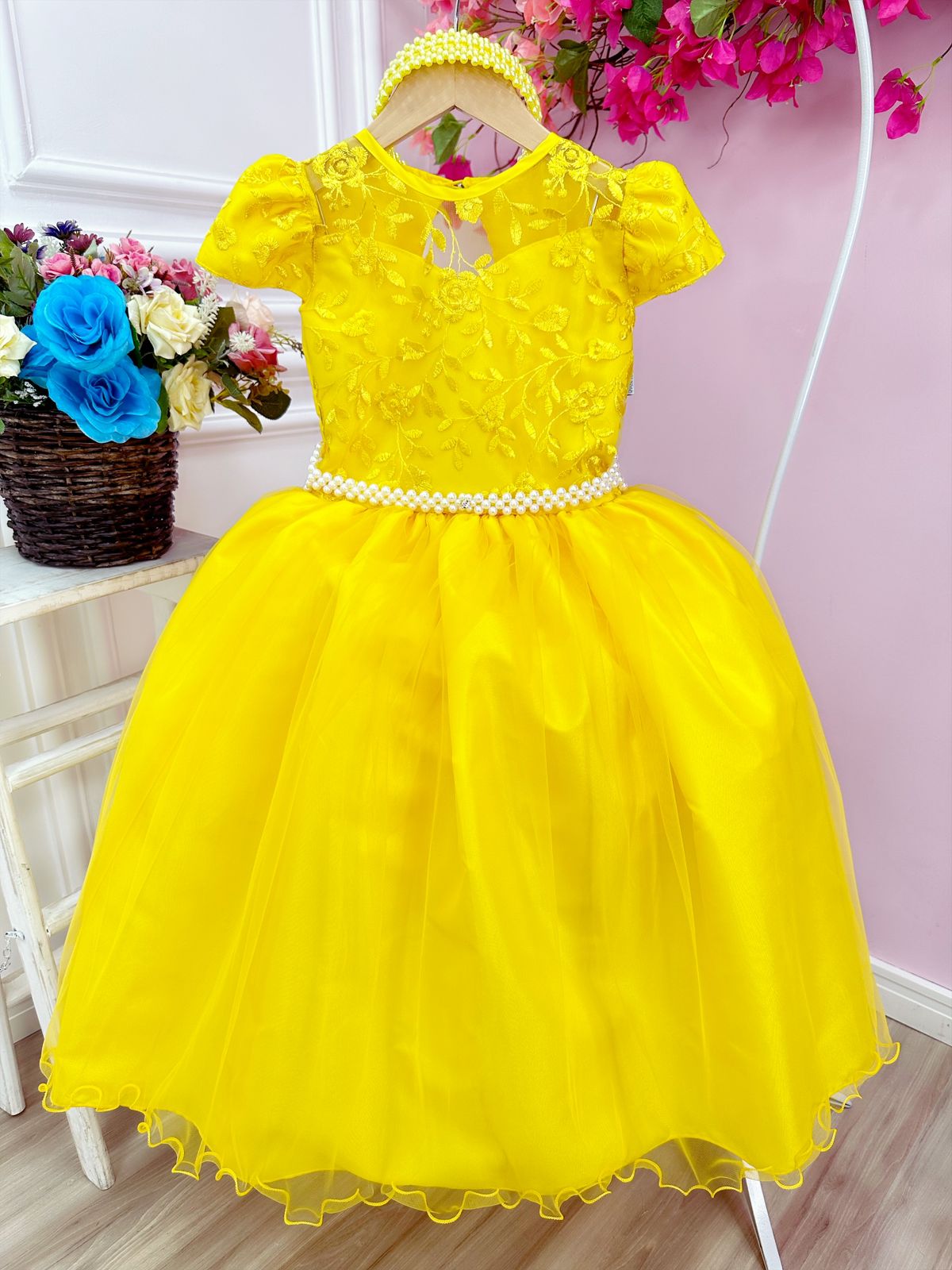 Vestido Infantil Dama Honra Azul Royal Casamento Renda - Rosa