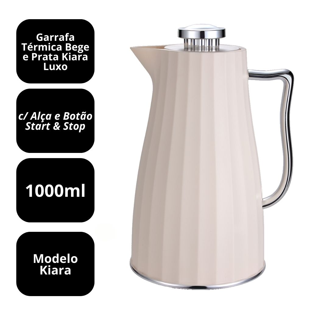 Garrafa Térmica Kiara 1 Litro Creme e Prata Design Classic Luxo