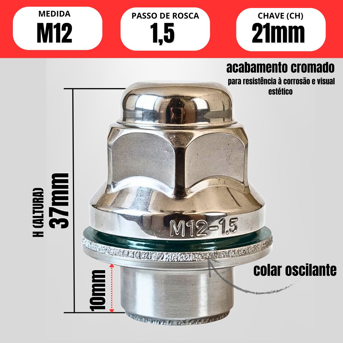 Porca de Roda Original Corolla e Hillux M12 Chave 21mm - Parafusos