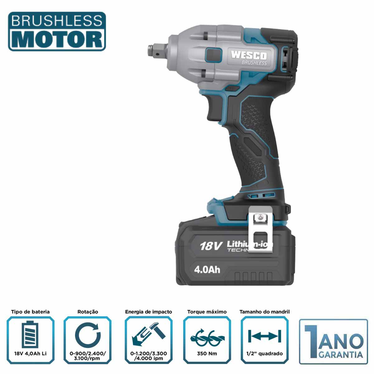 Chave de Impacto 1/2 18v com Bateria 4AH WS2407 WESCO - Parafusos