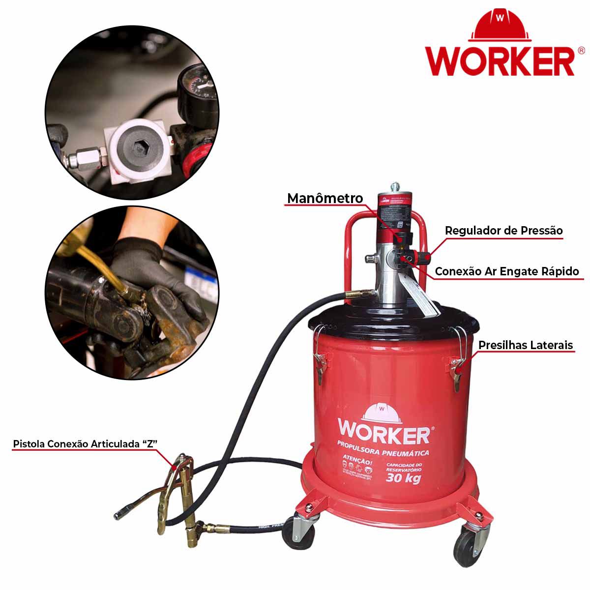 Propulsora Pneumatica Bomba Graxa Reservatorio 30KG WORKER - Parafusos e  Ferramentas Especiais