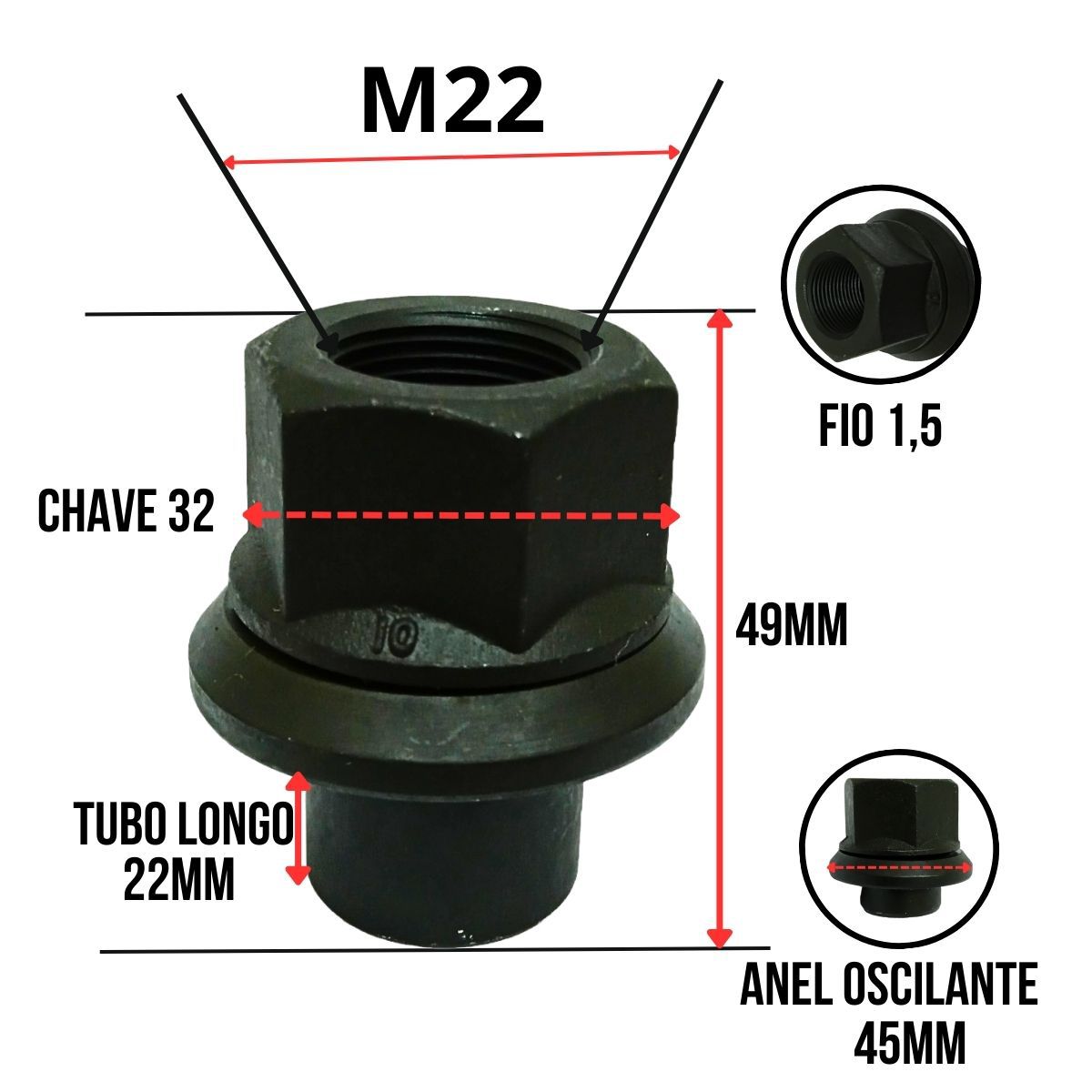 Porca Roda Centralizadora M22 CH 32 T Longo Randon Mercedes - Parafusos e  Ferramentas Especiais