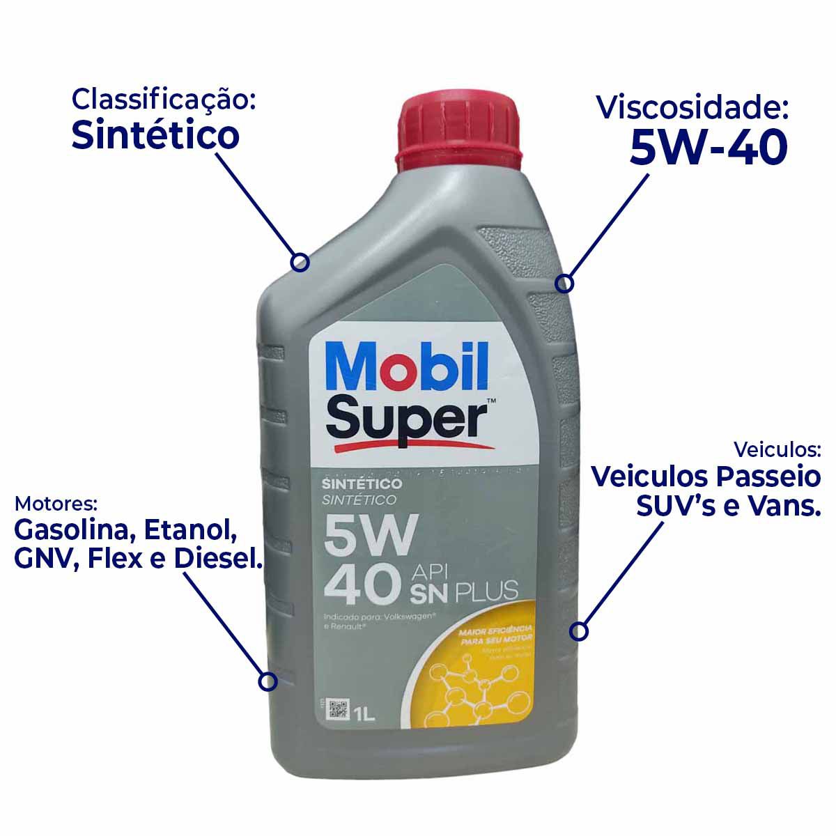 Óleo para motor 5W 40 API SN Plus Sintetico 1L MOBIL - Parafusos e