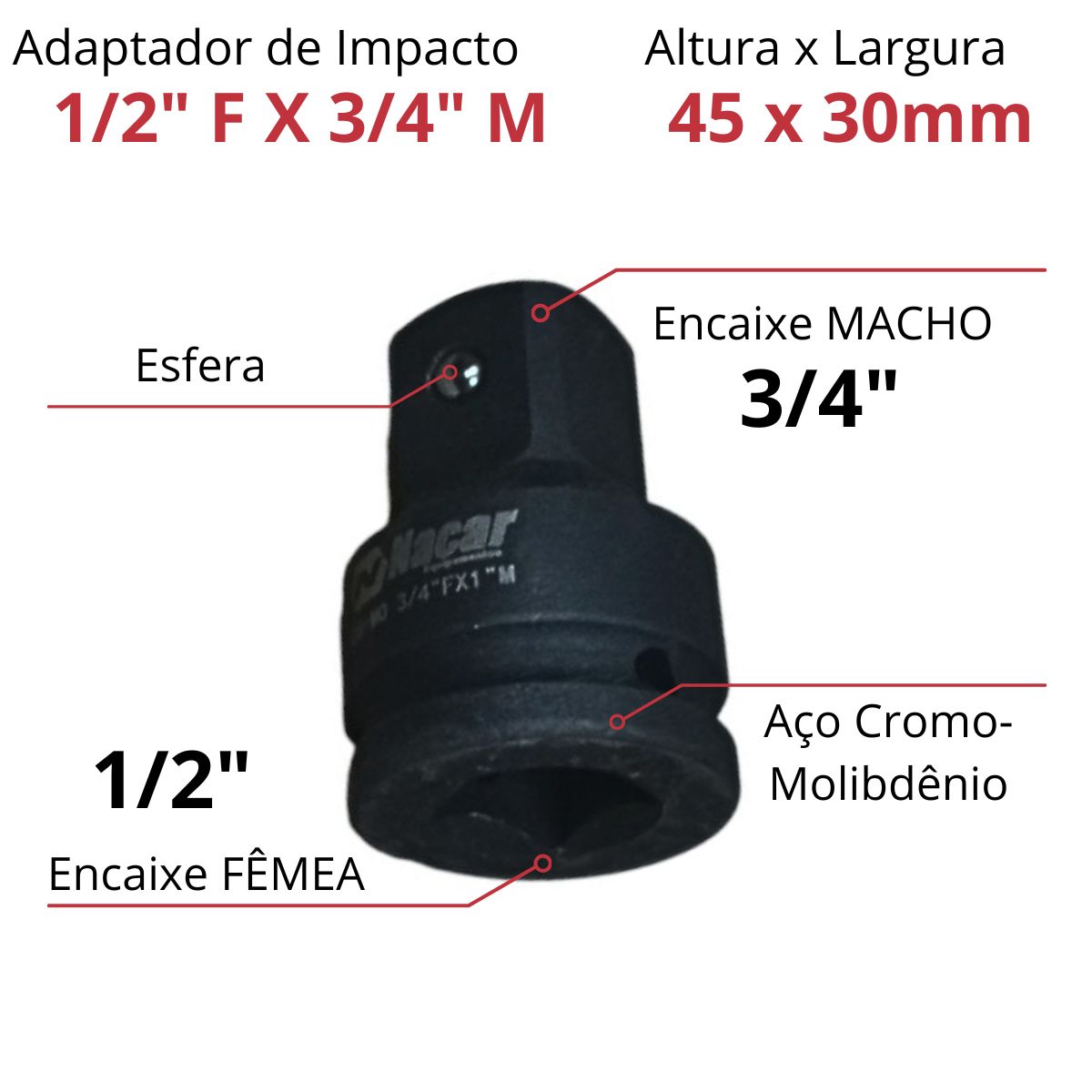 Adaptador Redu o Soquete De Impacto Cromo Molibdenio NACAR Parafusos adaptador-redu-o-soquete-de-impacto-cromo-molibdenio-nacar-parafusos