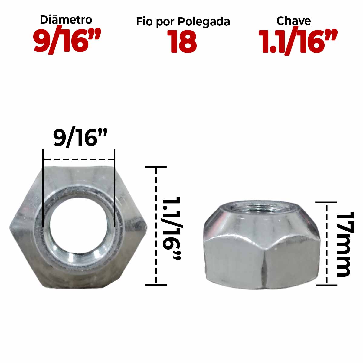 けせら Porca Roda Baixa Carreta 9/16 Chave 1.1/6 UNF Massey CBT
