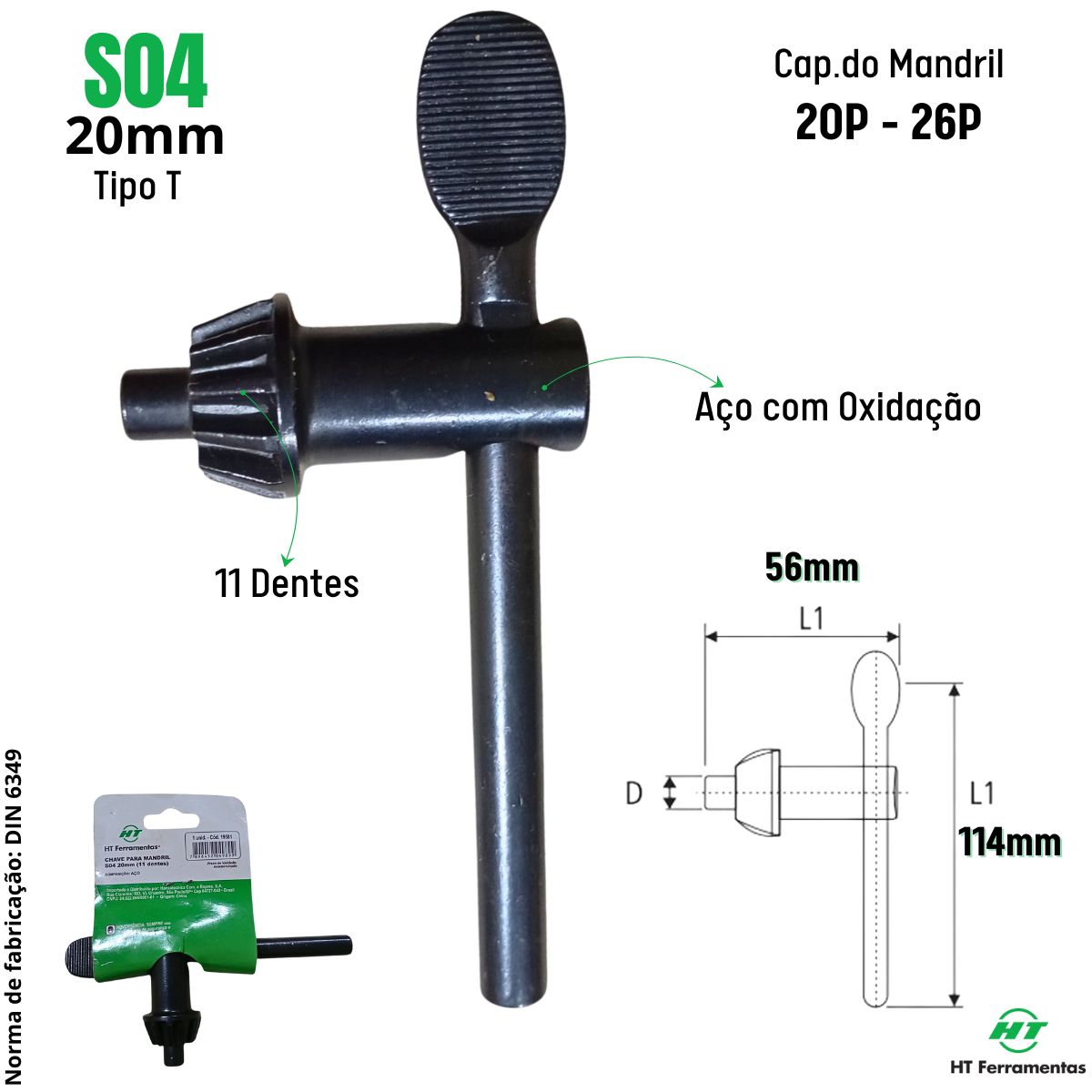 Chave Para Apertar Soltar Mandril S4 20mm 11D Furadeira HT