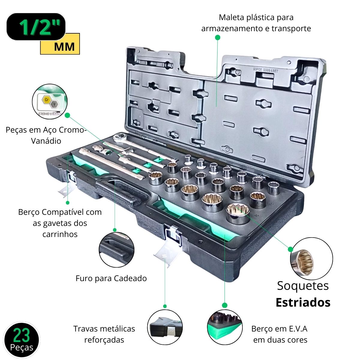 Jogo de Soquete Estriados Encaixe 1/2 10 a 32mm 23 PÇ BELZER