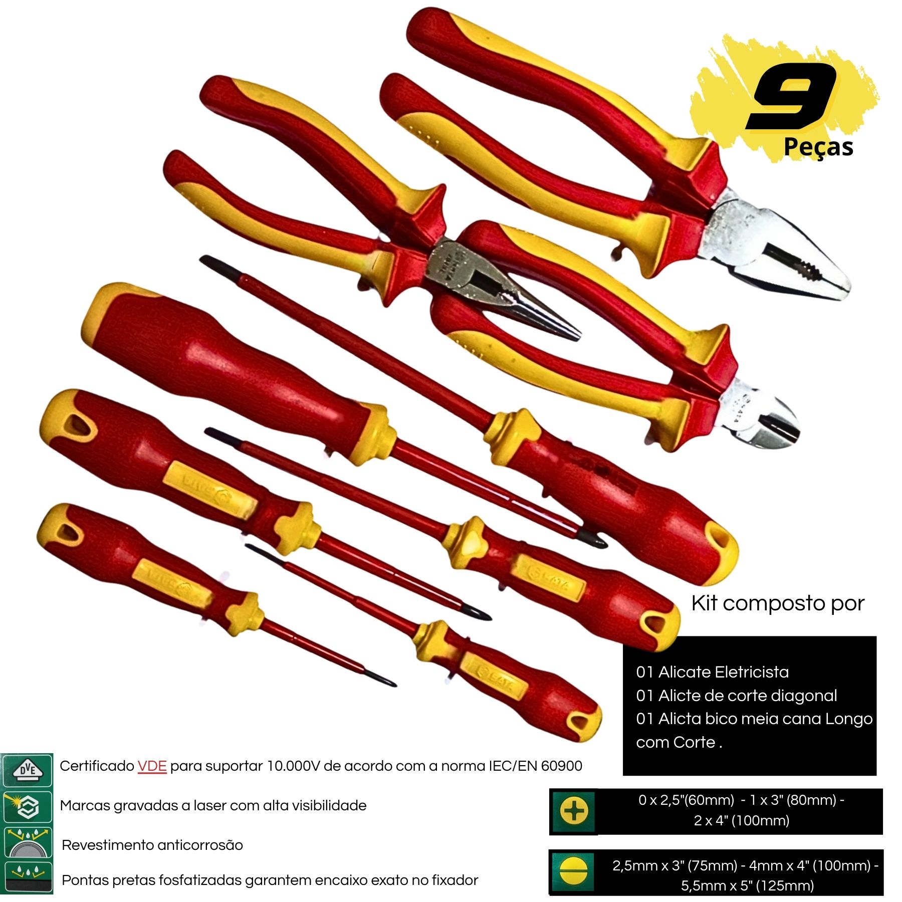 JG Chave Fenda Phillips e Alicate Isolado 9Pçs SATA ST09262U
