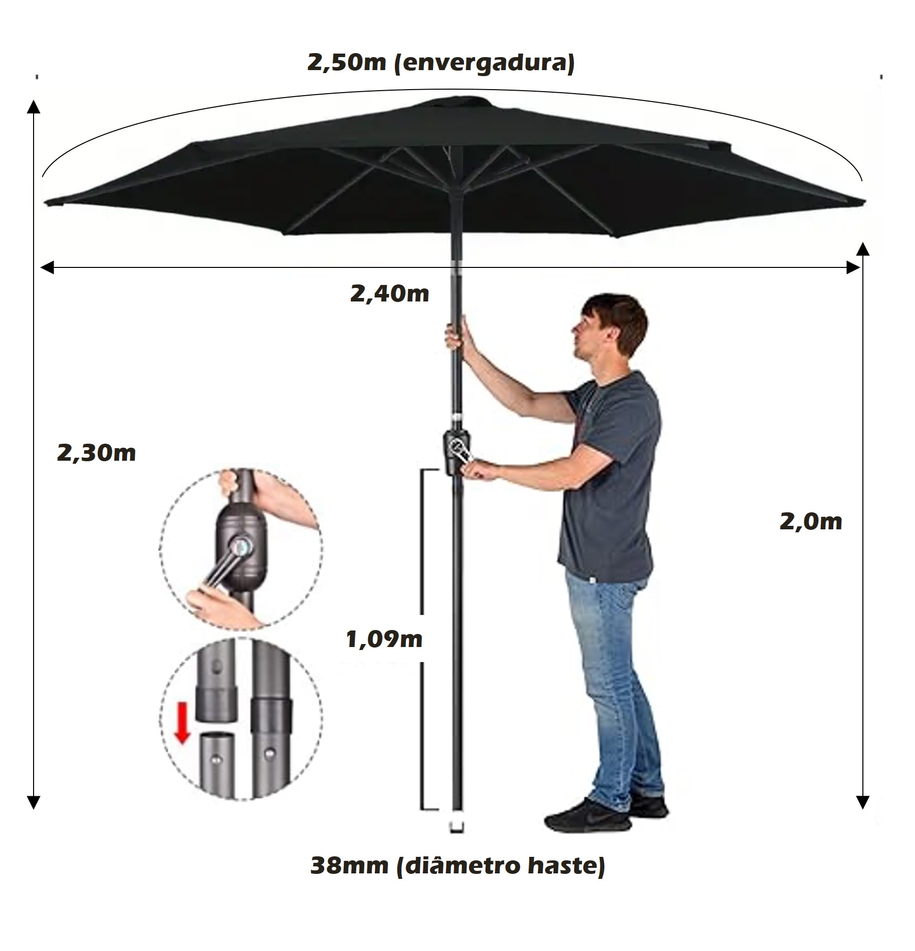 Ombrelone Guarda Sol 2,5m Com Manivela Articulado Jardim Piscina