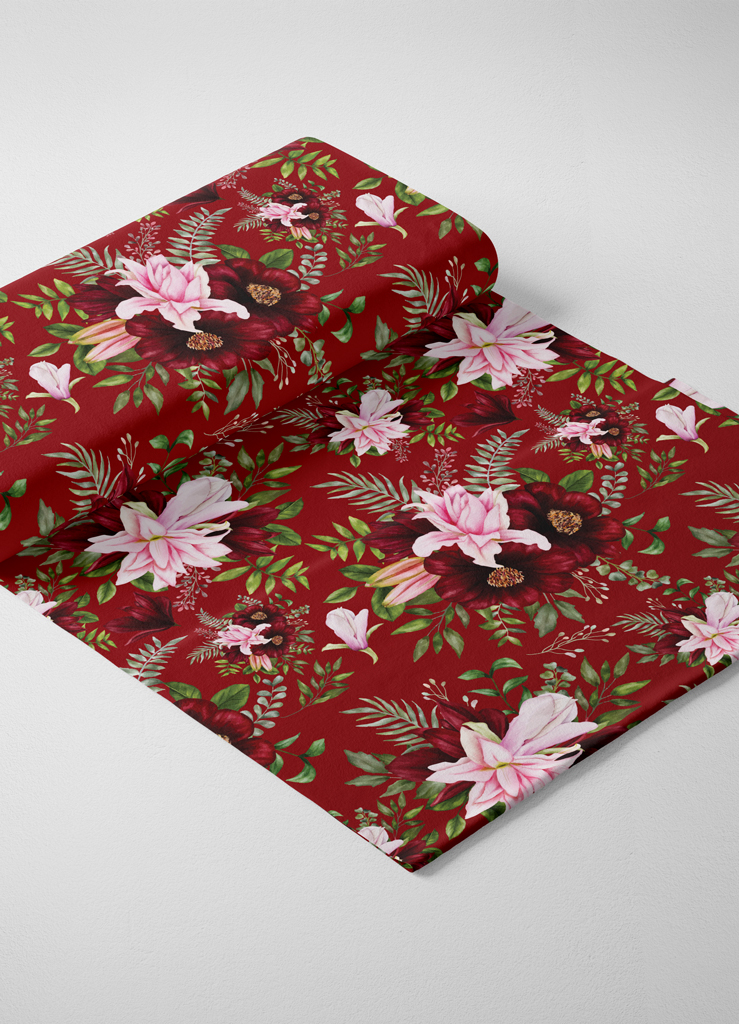 Tecido Oxford Estampado Natal Barrado Floral Vermelho e Dourado