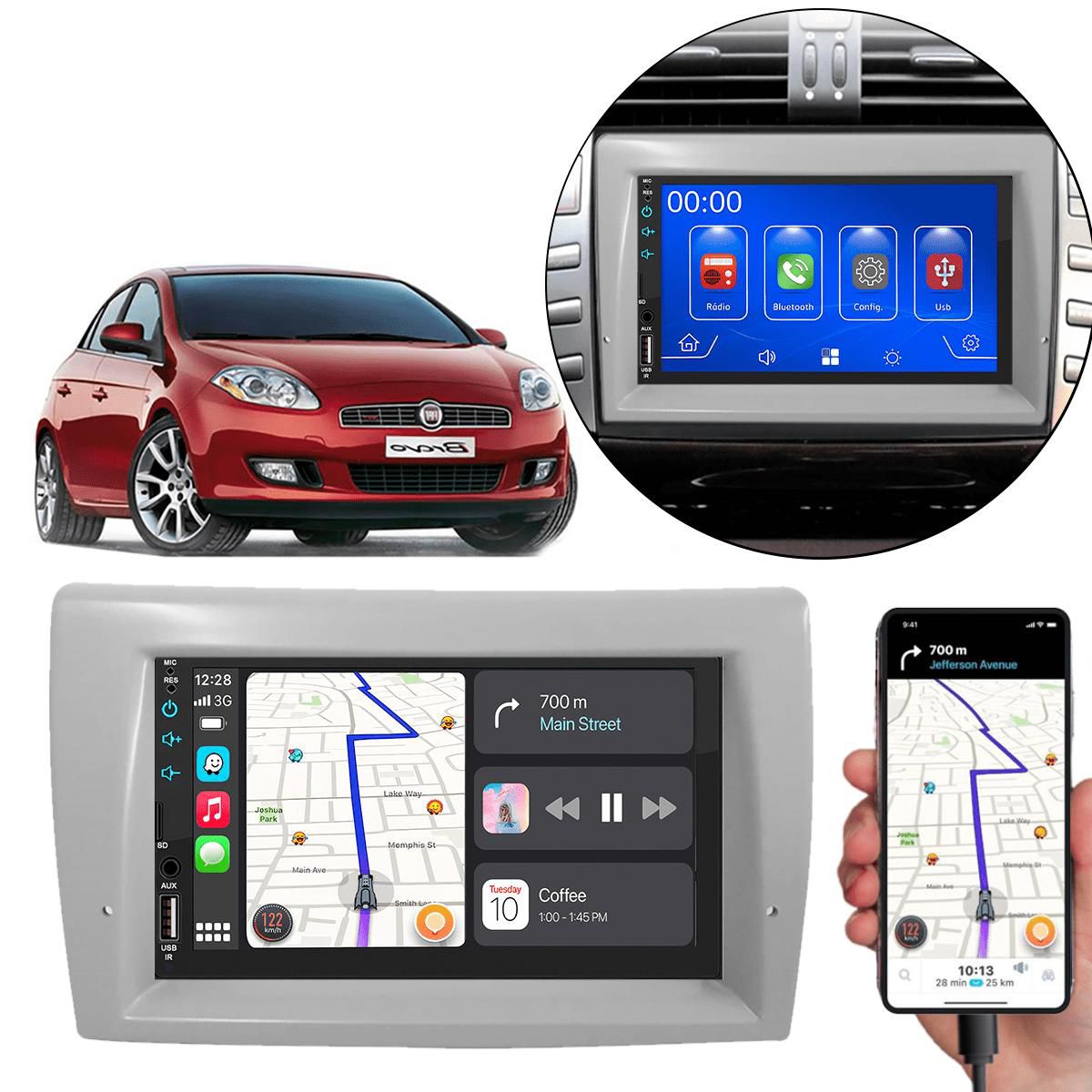 MP5 7 Polegadas CarPlay Android Auto Fiat Bravo 2011-2016 + Câmera ...