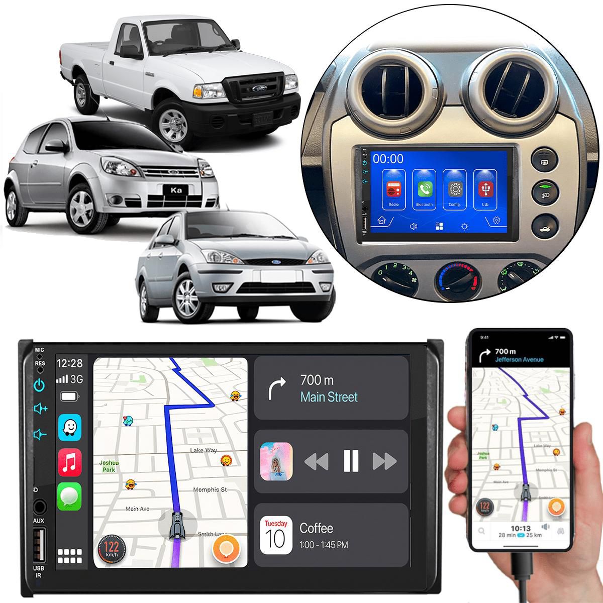 MP5 7 Polegadas CarPlay Android Auto Ford Ka Focus Ranger F-250 - Ecarshop