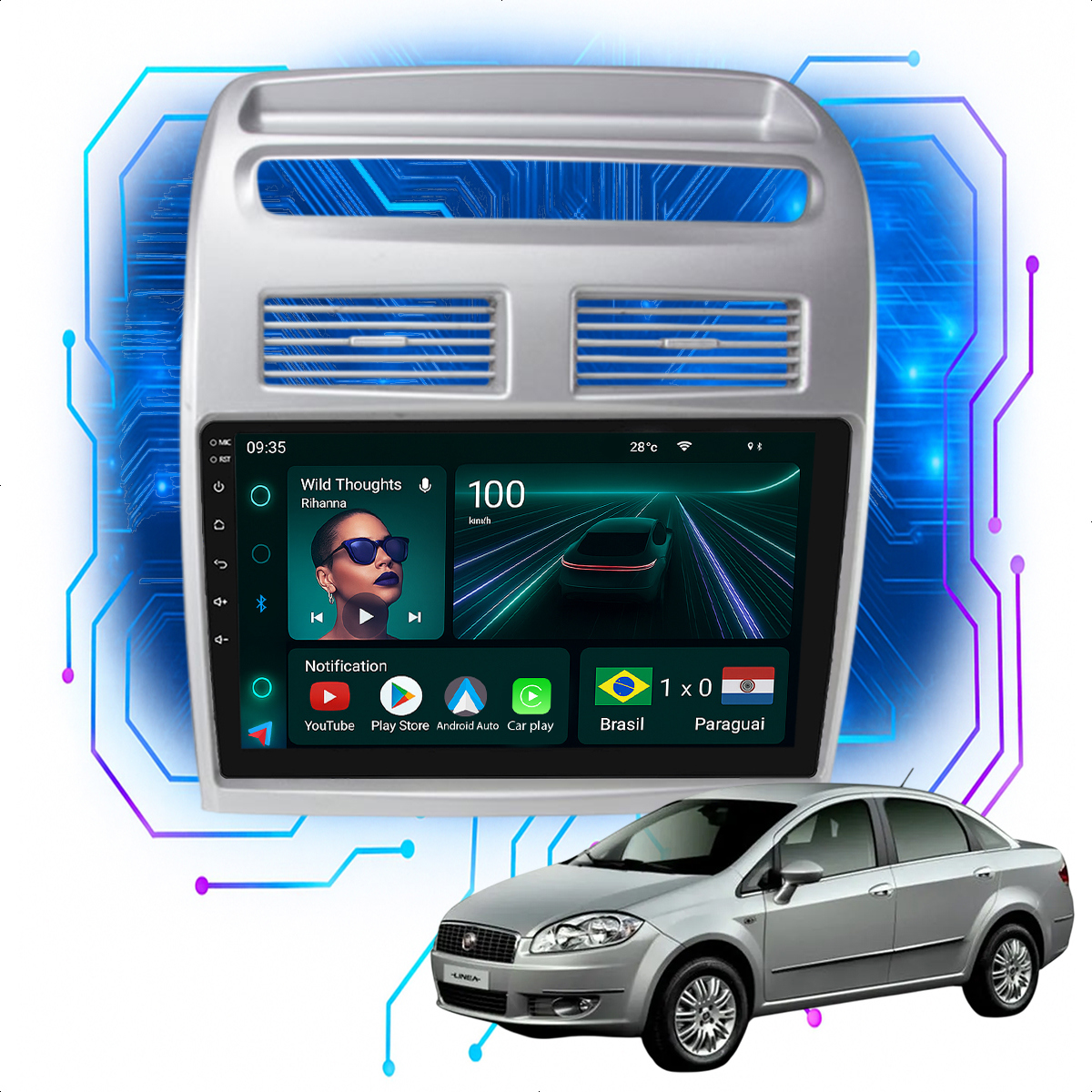 Kit Multimídia 9” Linea 2009 a 2014 CarPlay Android Auto - Ecarshop