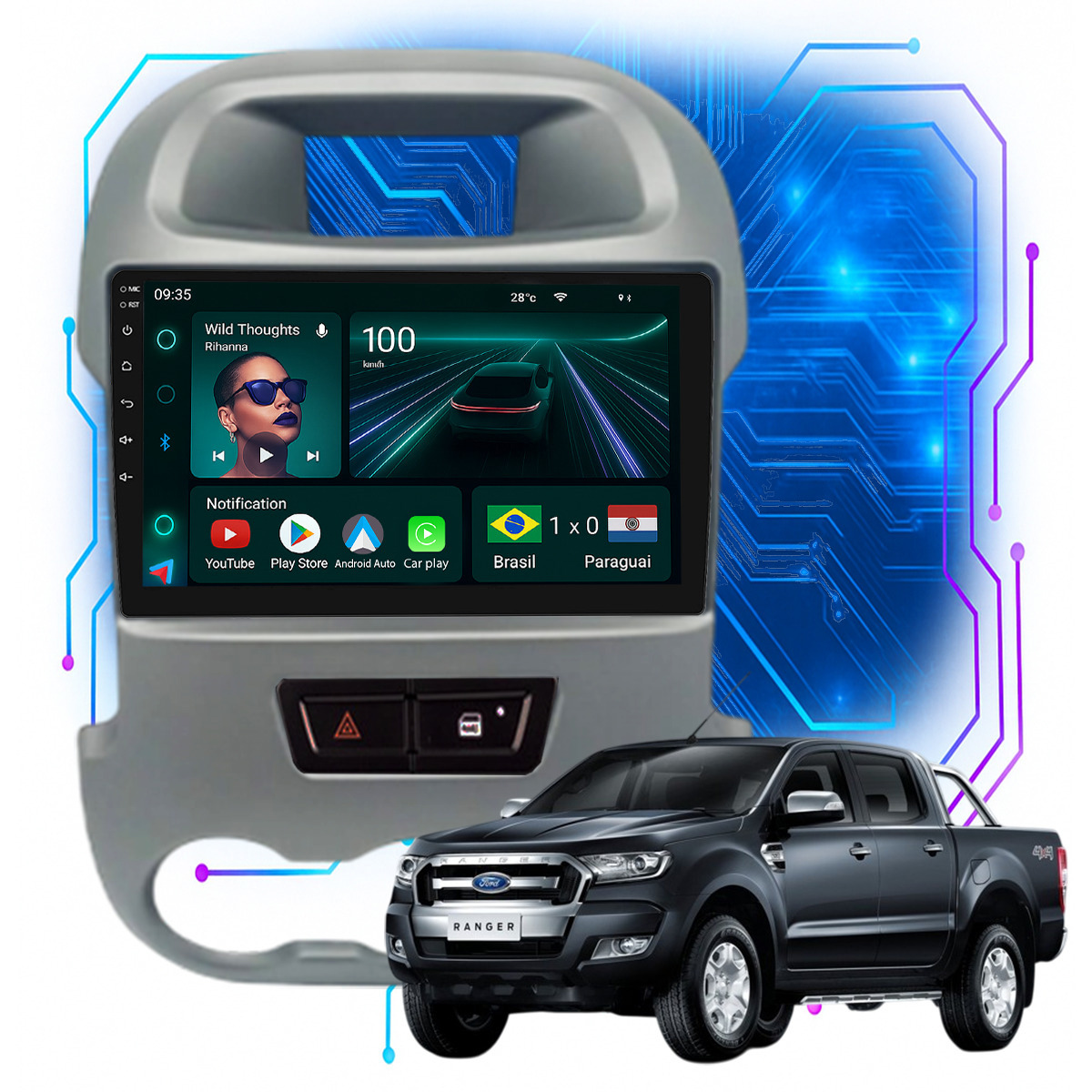 Kit Multimídia Ranger 9” Android Auto CarPlay GPS 2012 a 2016 - Ecarshop