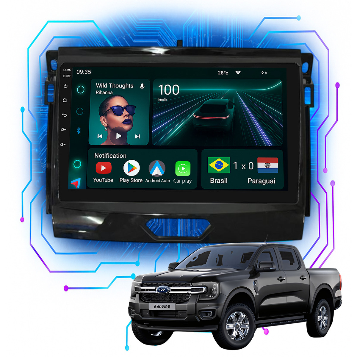 Kit Multimídia Ranger XLS 2020 a 2023 9” CarPlay Android Auto - Ecarshop