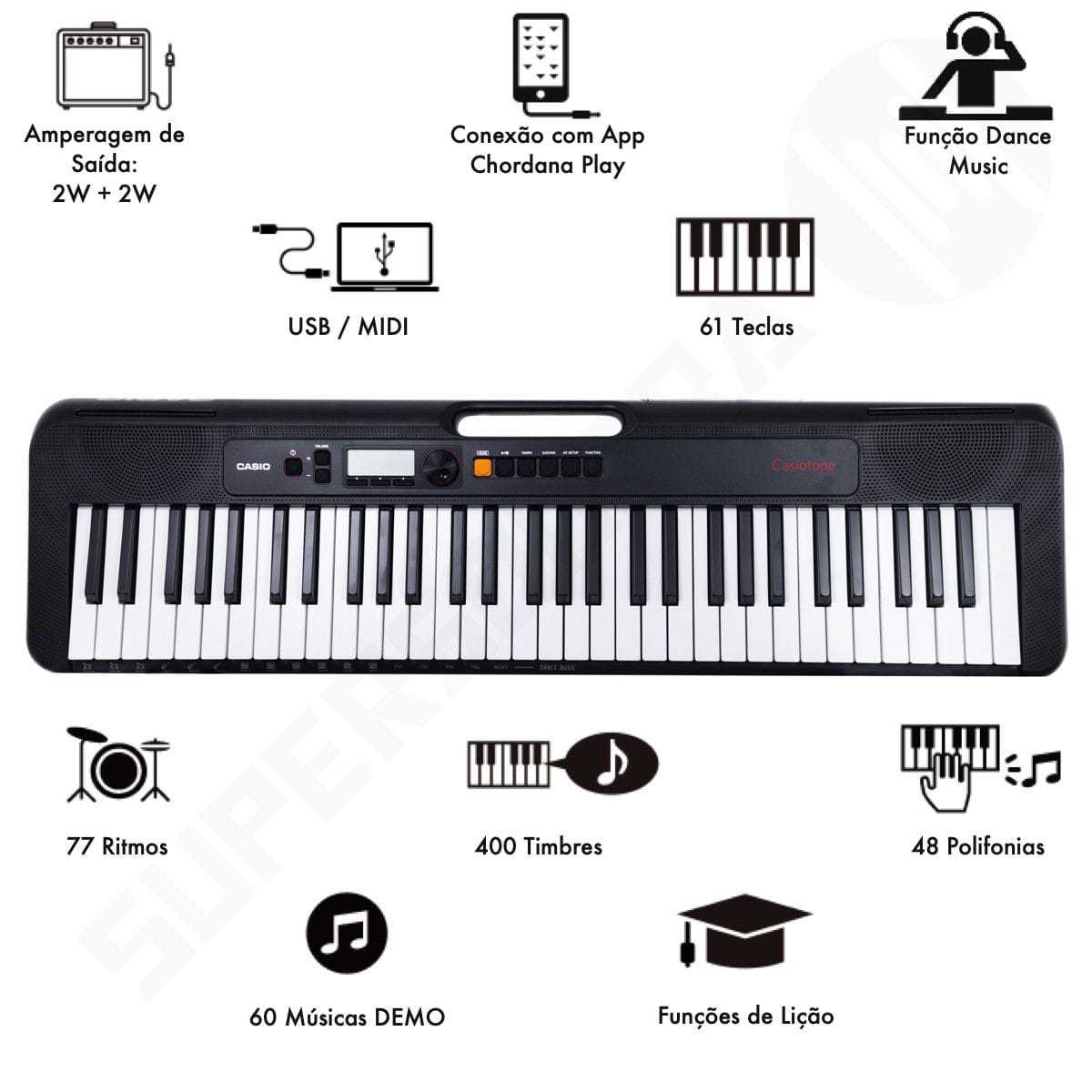 Teclado Musical CASIOTONE CT-S195 CASIO Preto 61 Teclas Fonte