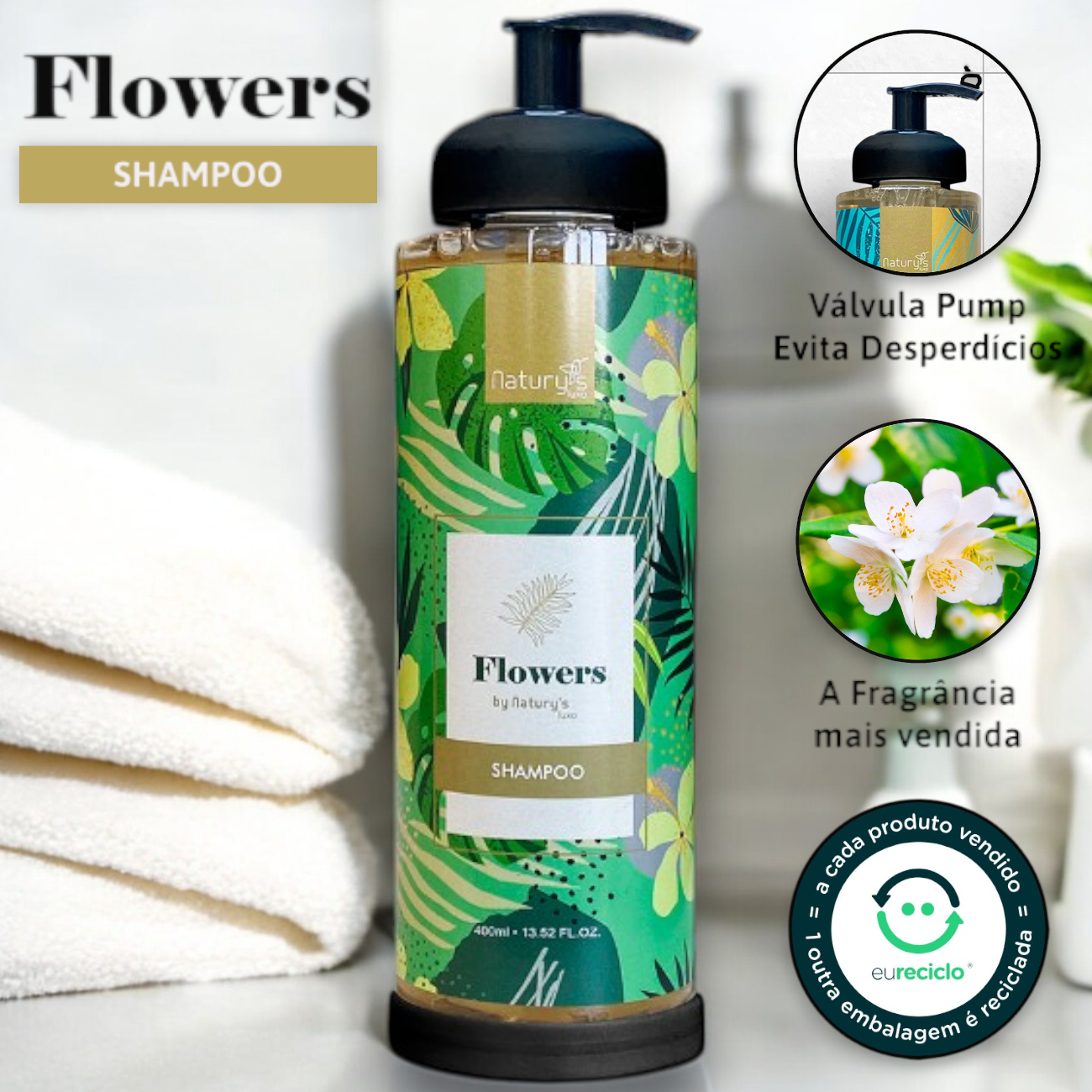 Shampoo Flowers by Natury's Luxo Frasco 400ml Dispenser (Vávula Pump ...