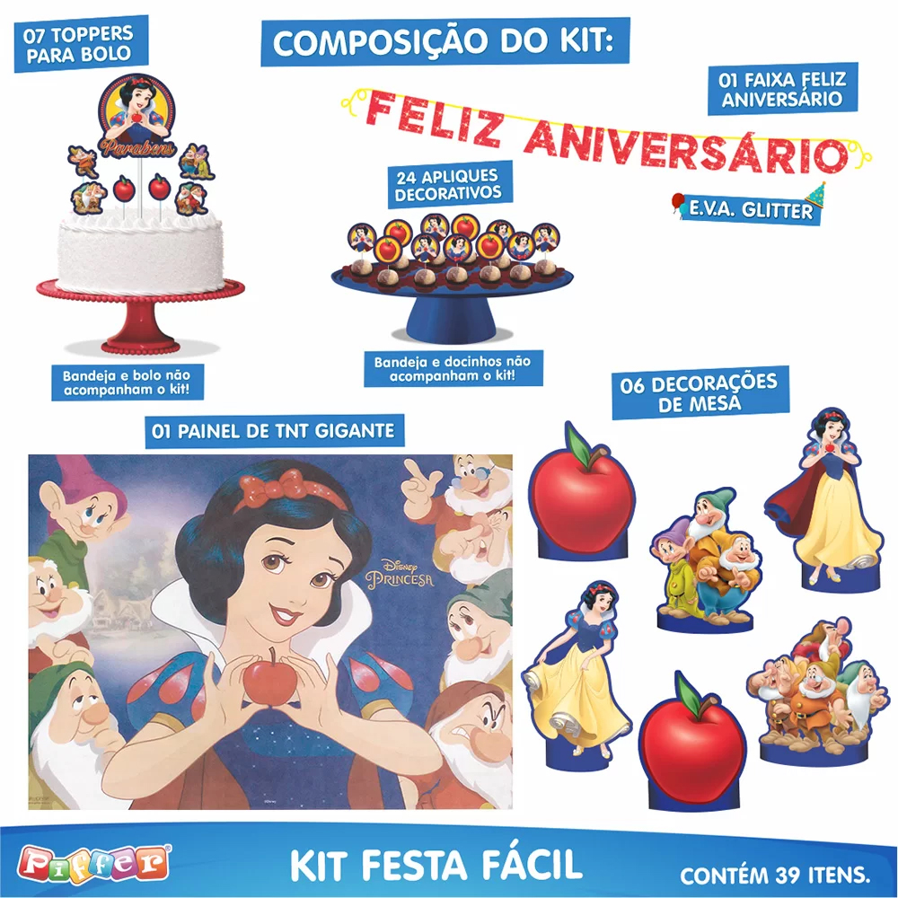 Kit Festa Fácil Branca de Neve - 39 Itens - Alegra Festa - Artigos