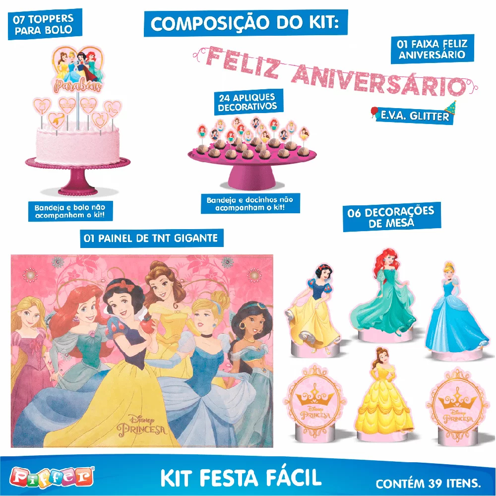 Kit Festa Princesas Disney Painel Topo de Bolo e Totens EVA