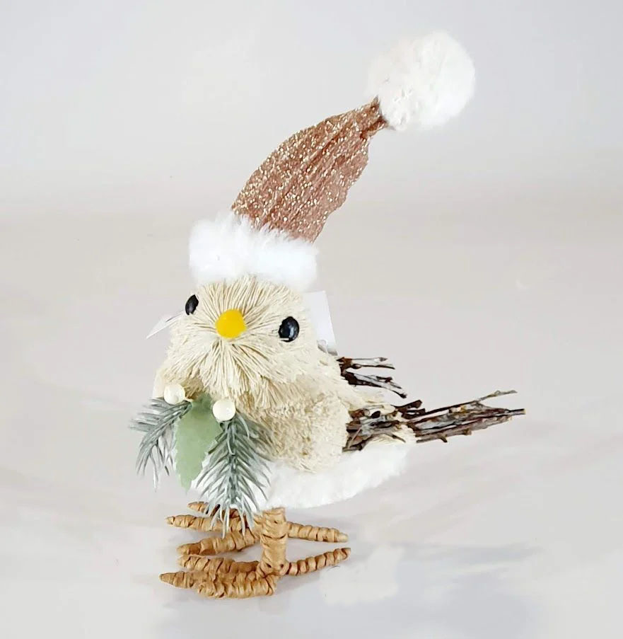 Pássaro Decorativo de Palha Italiana com Gorro Rose e Peito de Pelúcia -  23cm - Alegra Festa - Artigos para Festas