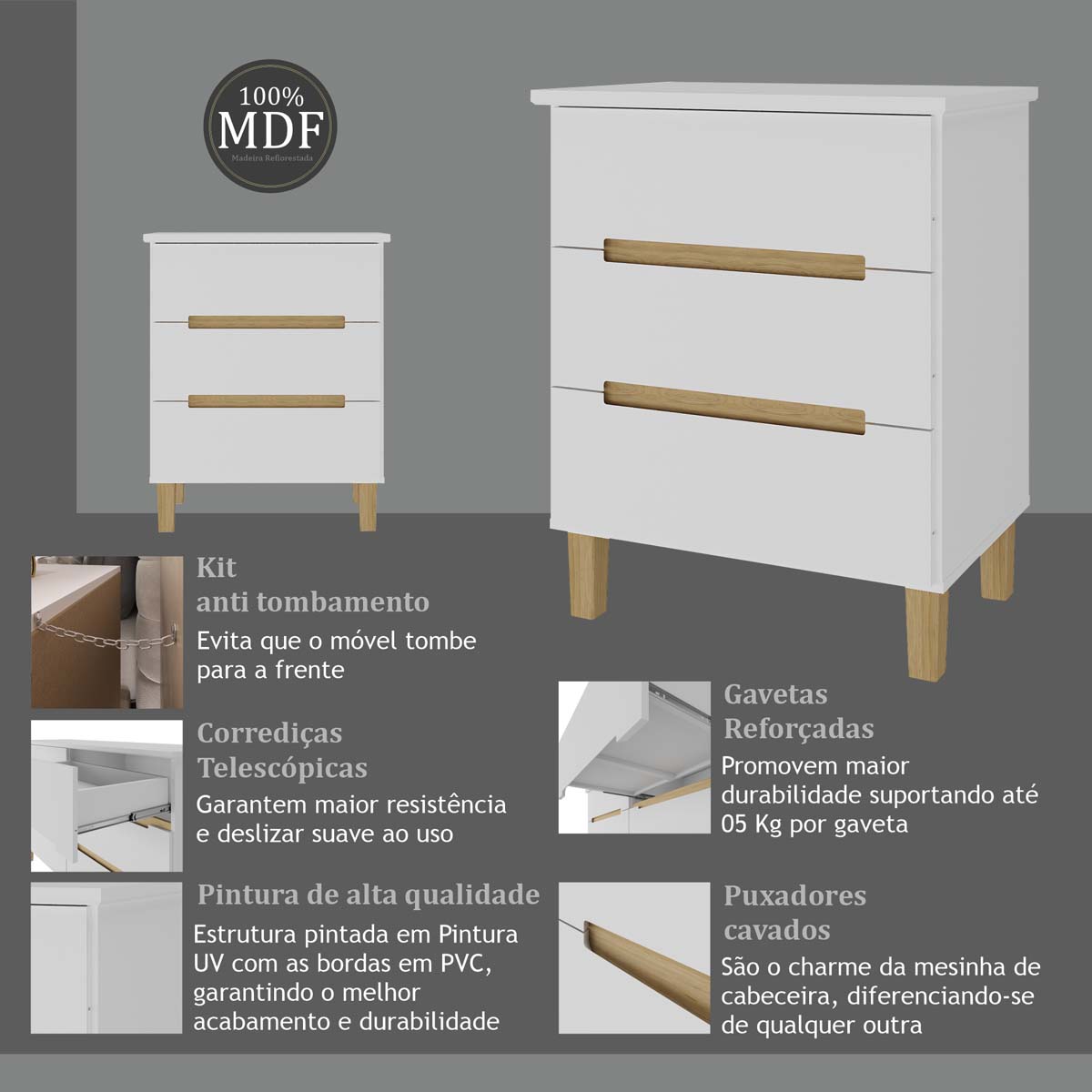Mesa de Cabeceira Logan em MDF 62,7x77cm 3 Gavetas e 4 Pés