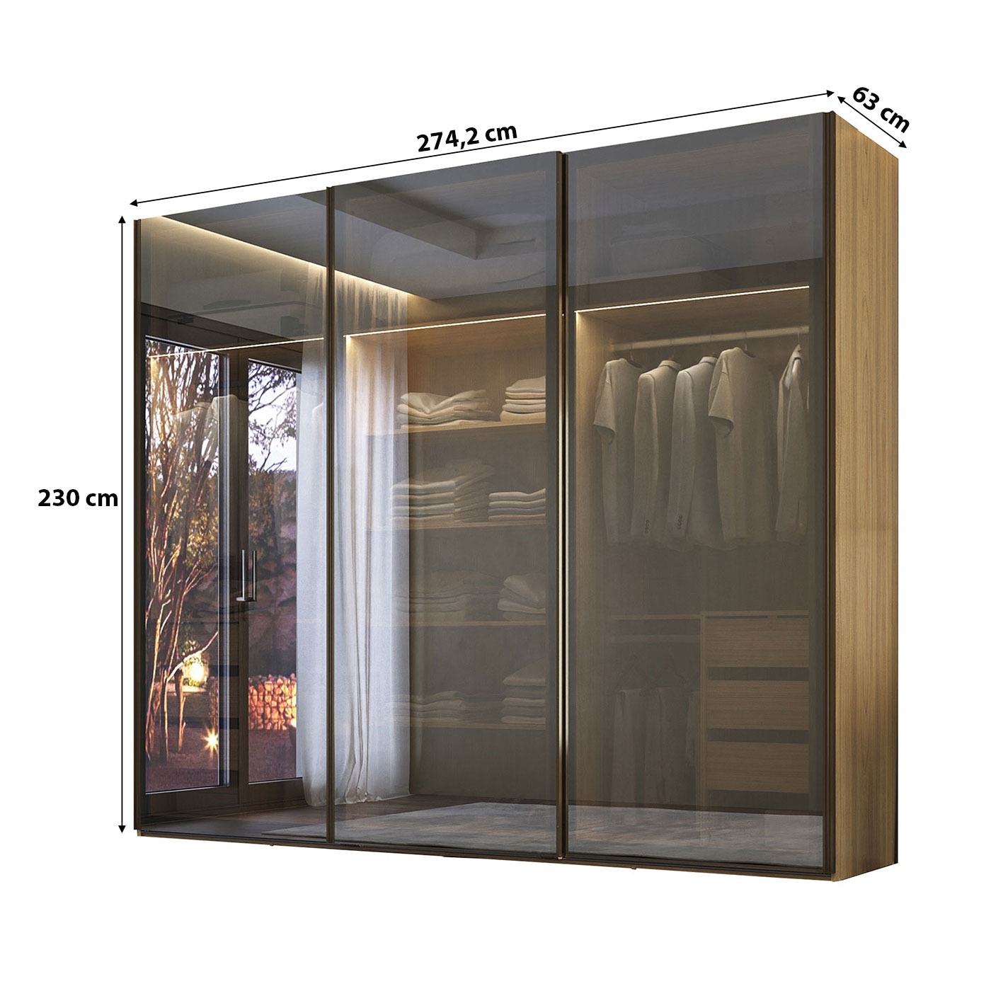 Guarda Roupa Veneto em MDF 274,5x230cm 3 Portas Reflectas com LED