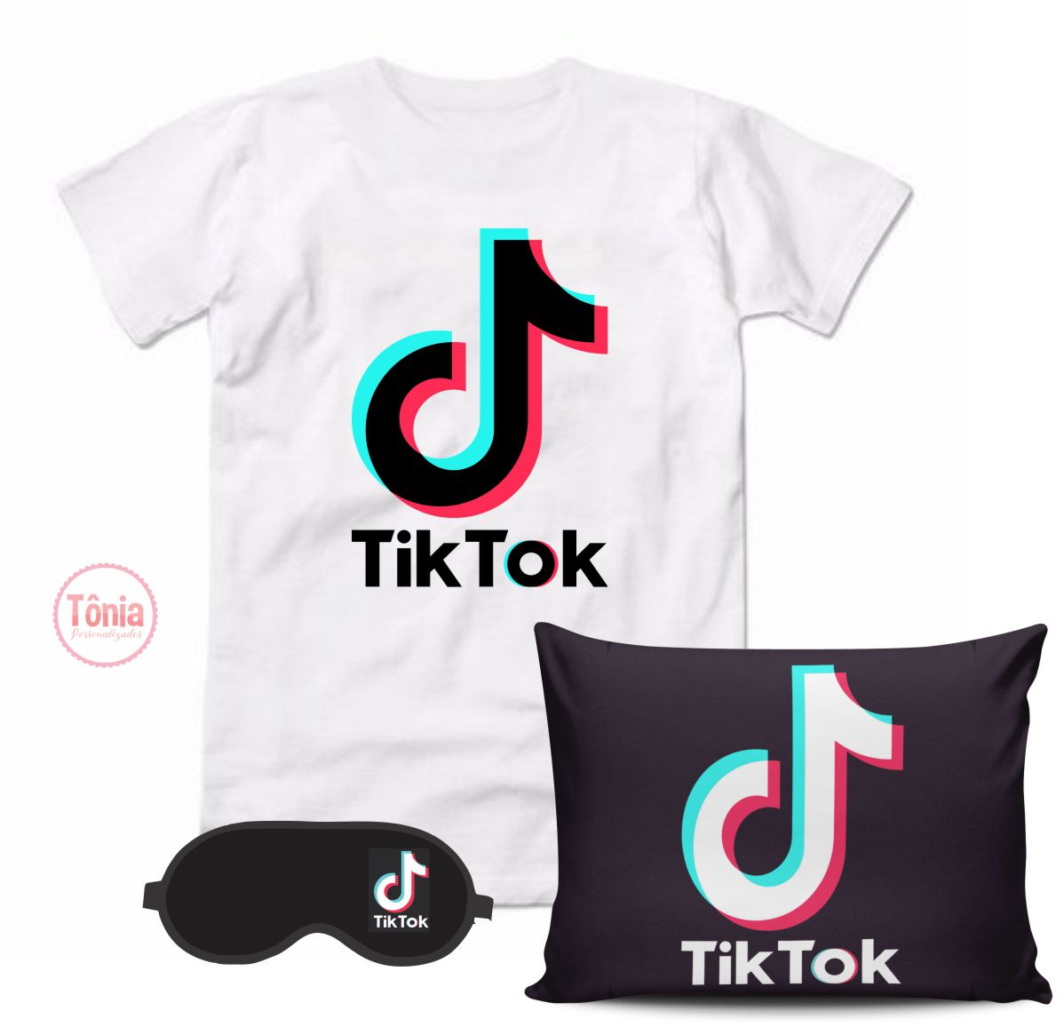 Tiktok kit camiseta, almofada e máscara de dormir - Tônia Personalizados