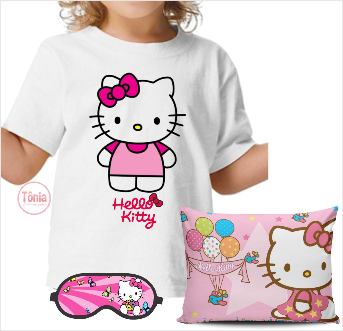 Hello kitty kit camiseta, almofada e máscara de dormir - Tônia  Personalizados