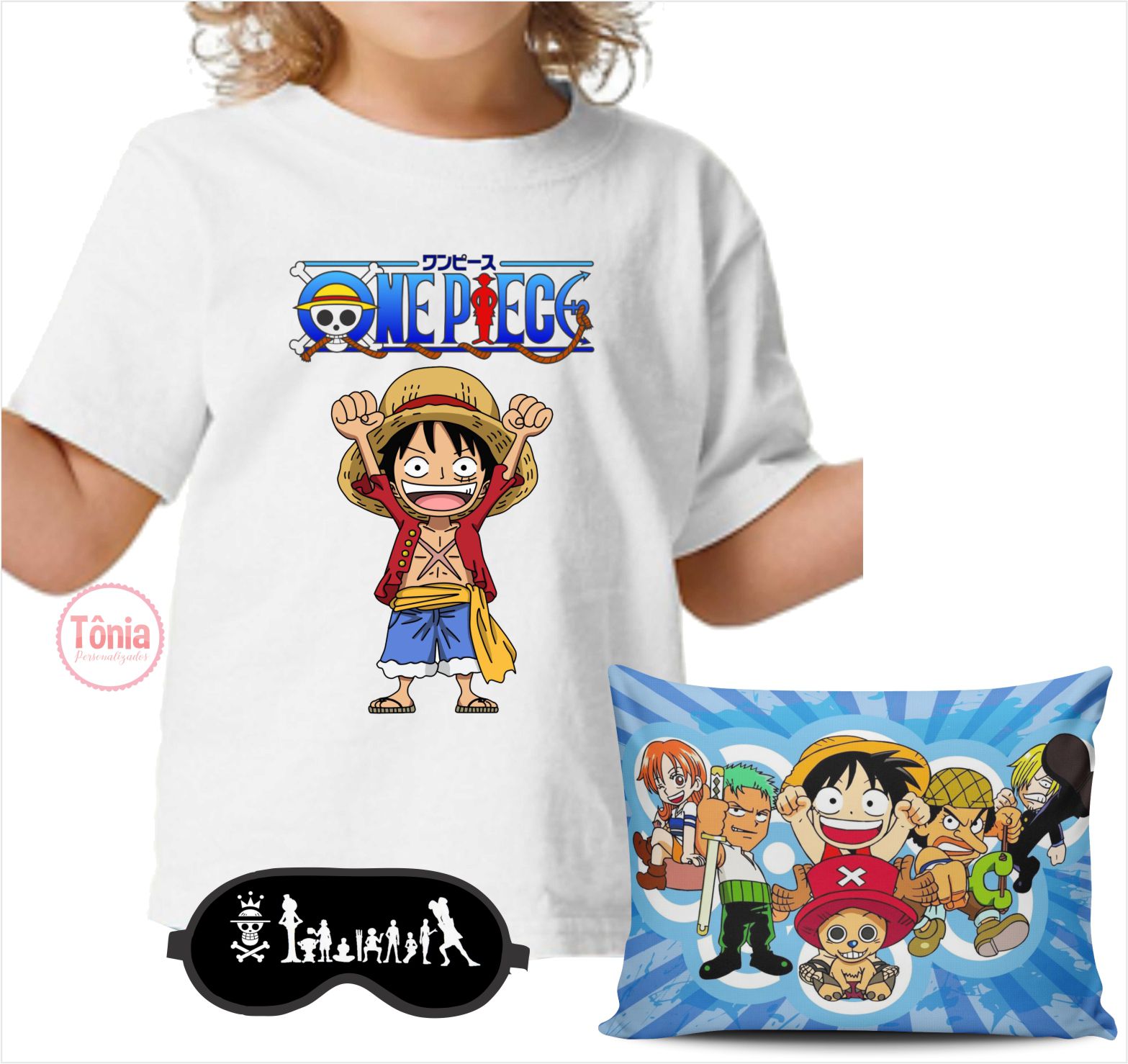 One piece kit camiseta, almofada e máscara de dormir - Tônia Personalizados