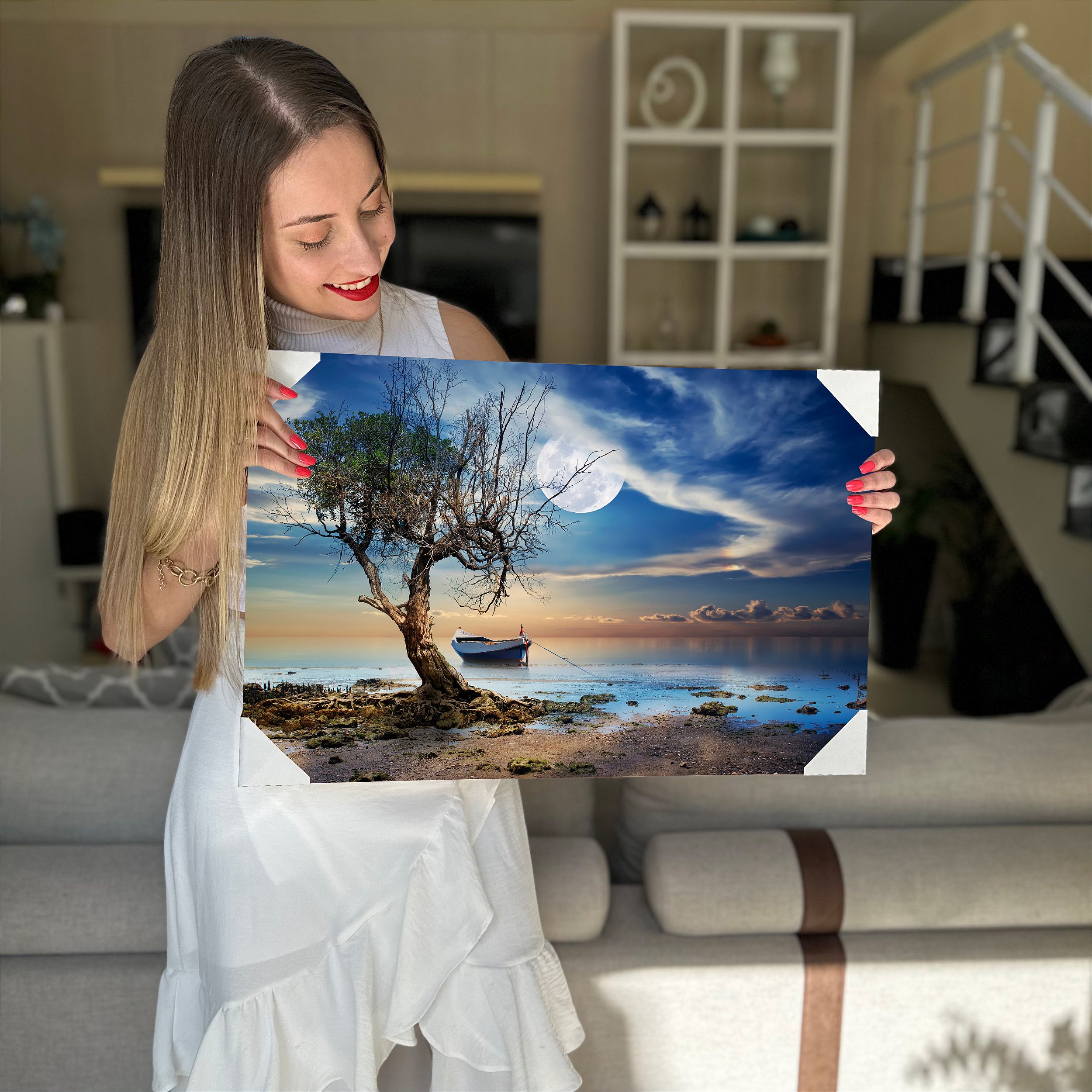 Quadro Decorativo Canvas Paisagem com Barco ao Luar no Rio Horizontal ...