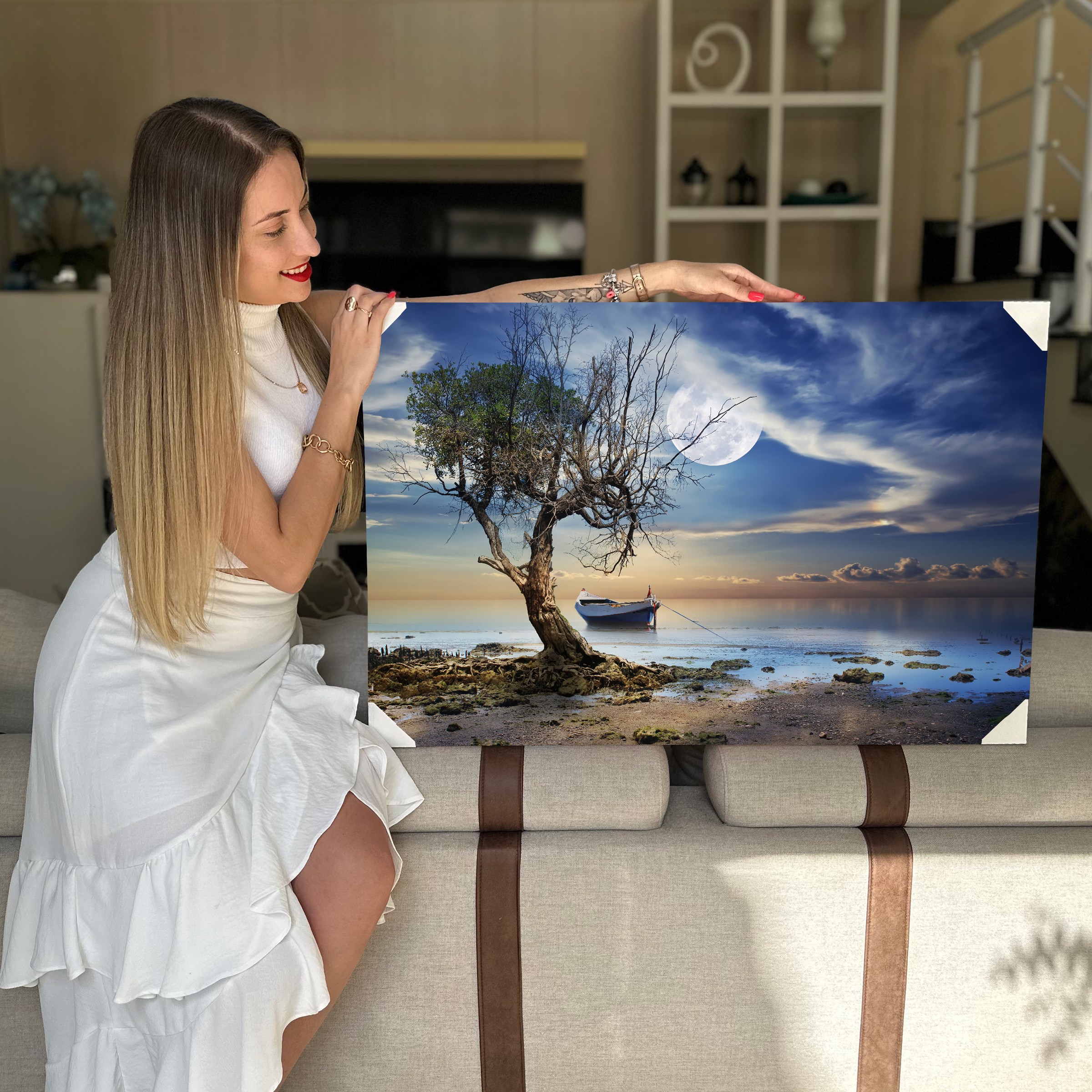 Quadro Decorativo Canvas Paisagem com Barco ao Luar no Rio Horizontal ...