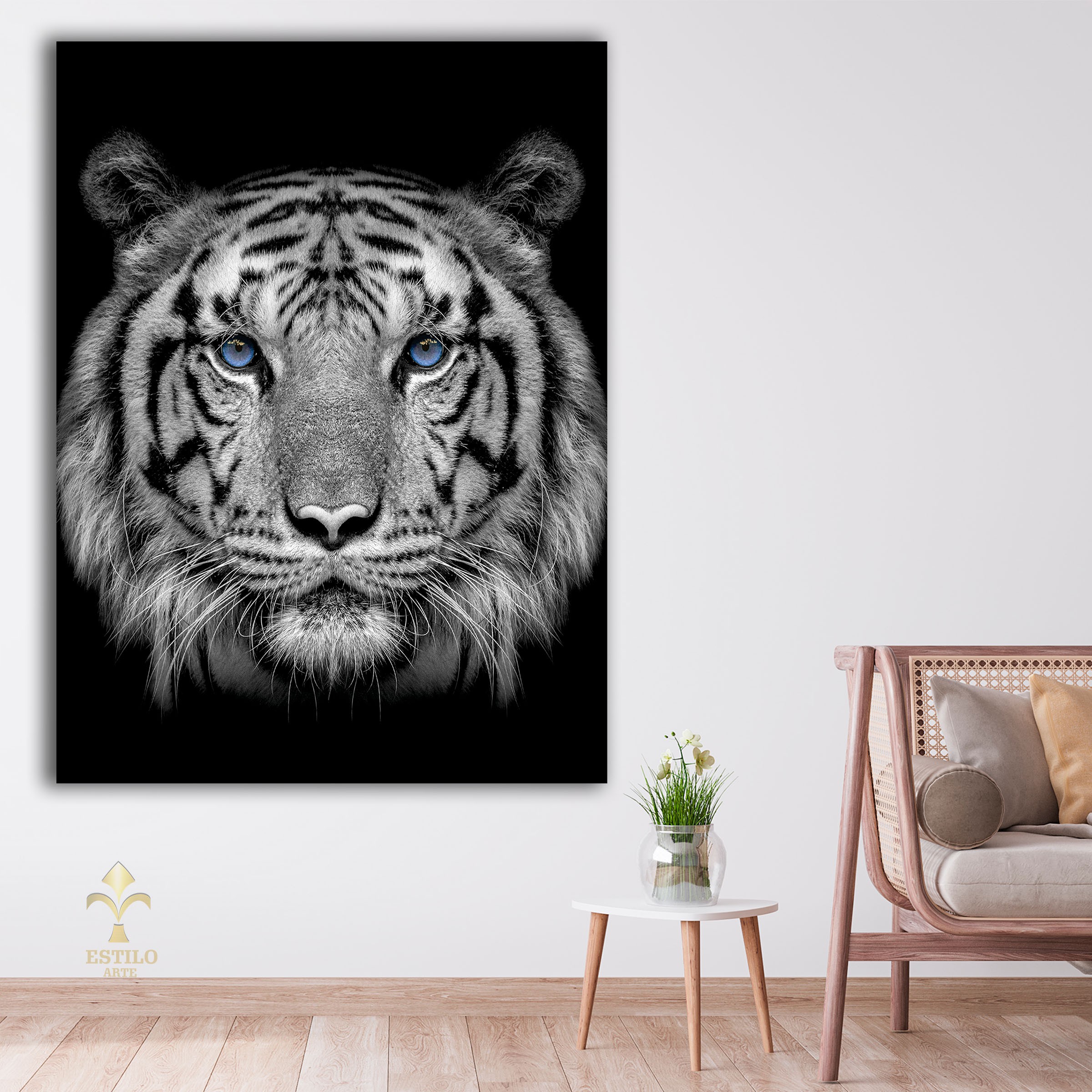 Quadro Decorativo Tigre Preto e Branco Olhos Azuis