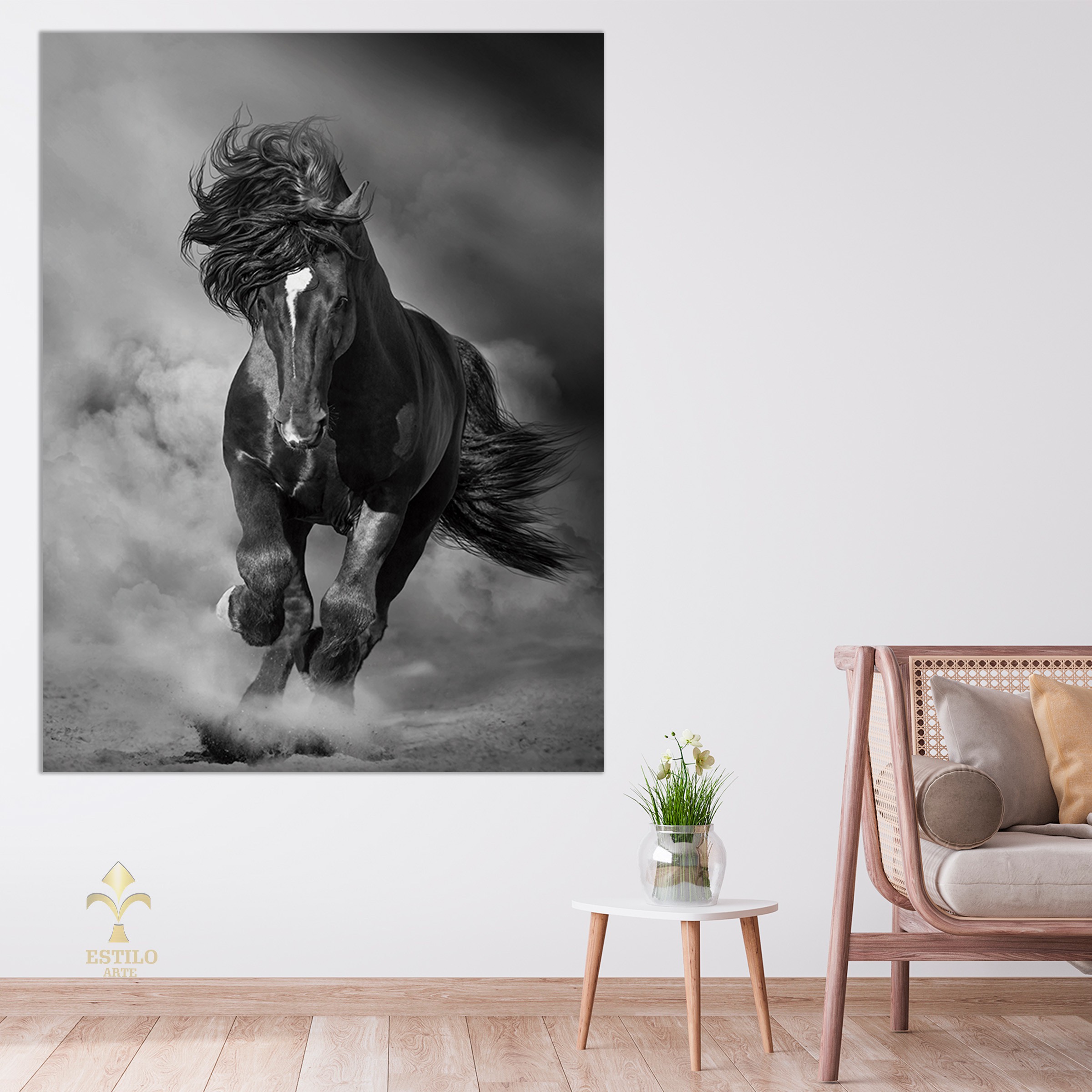 Quadro Decorativo 120x90 Moldura De Madeira Cavalo De Frente