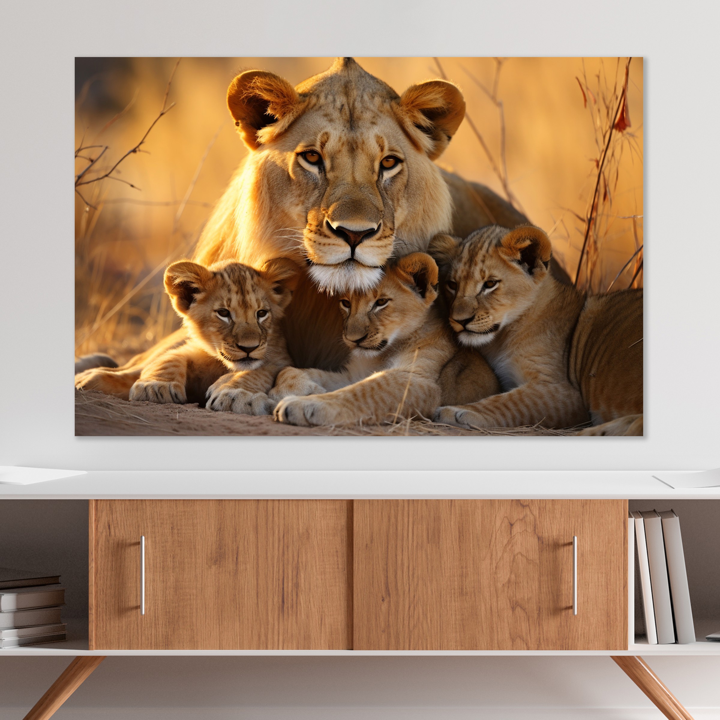 Quadro Decorativo Canvas Leão Mãe Leoa Com Três Filhotes Horizontal ...