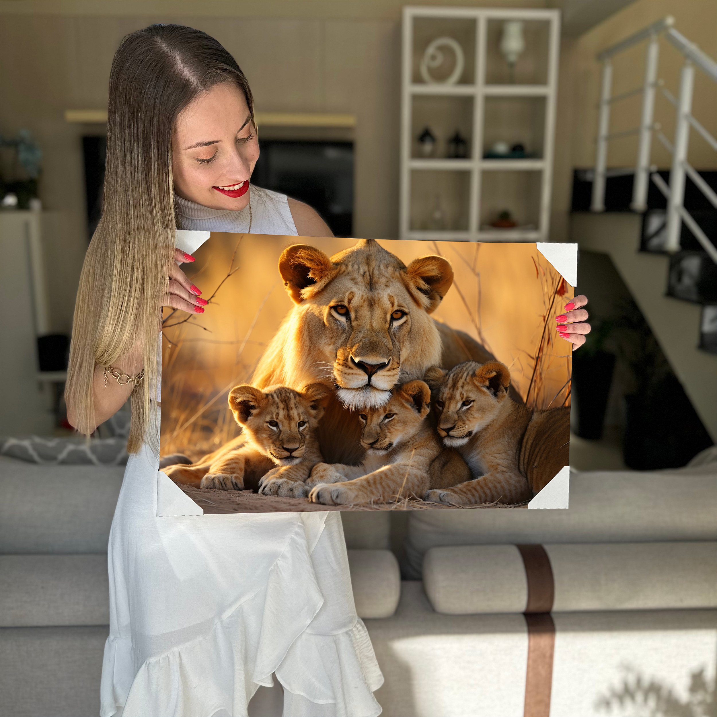 Quadro Decorativo Canvas Leão Mãe Leoa Com Três Filhotes Horizontal ...