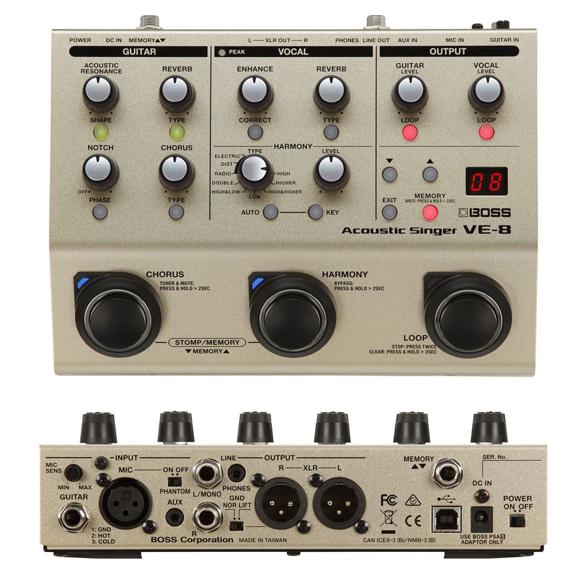 Pedal Boss Módulo de Efeitos para Voz e Violão VE-8 com Fonte